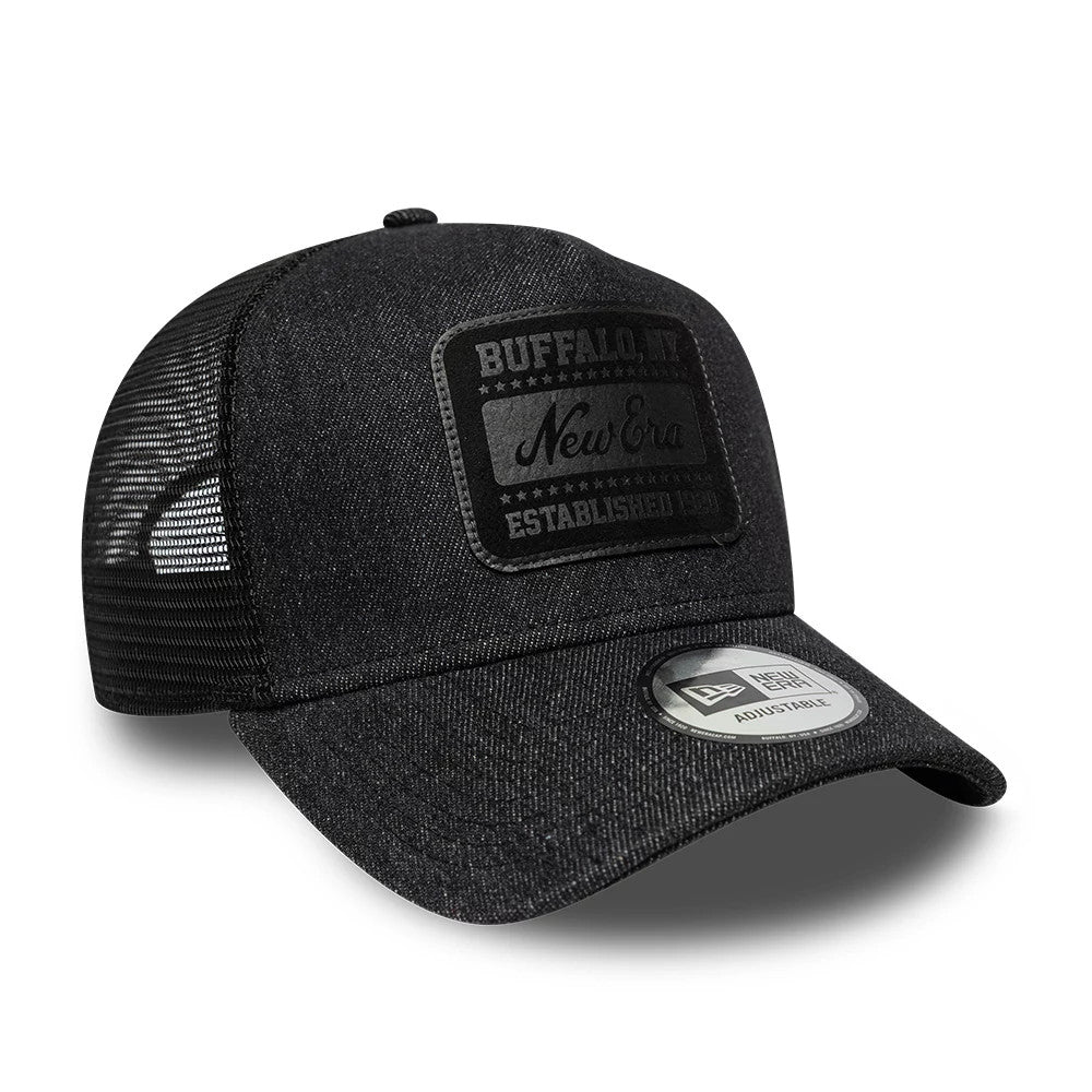Pictured is this New Era Patch Denim 9FORTY A-Frame Trucker cap in black. 3