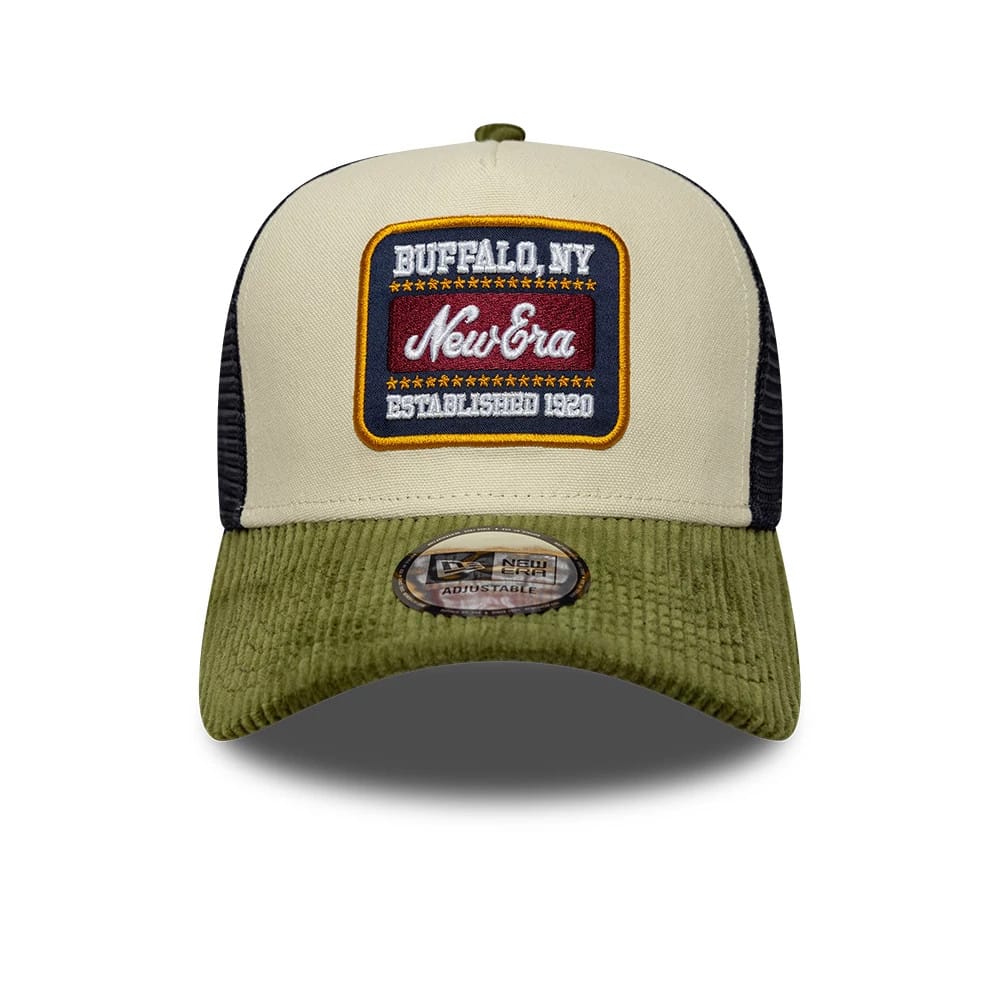 Pictured is this New Era Patch Cord 9FORTY A-Frame Trucker cap in cream. 2