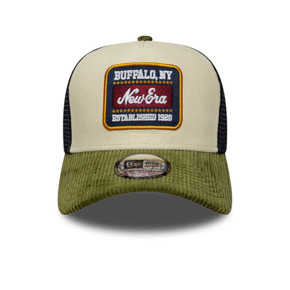 Pictured is this New Era Patch Cord 9FORTY A-Frame Trucker cap in cream. 2