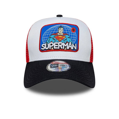 Pictured is this Youth DC Patch Superman 9FORTY A-Frame Trucker cap in white. 2