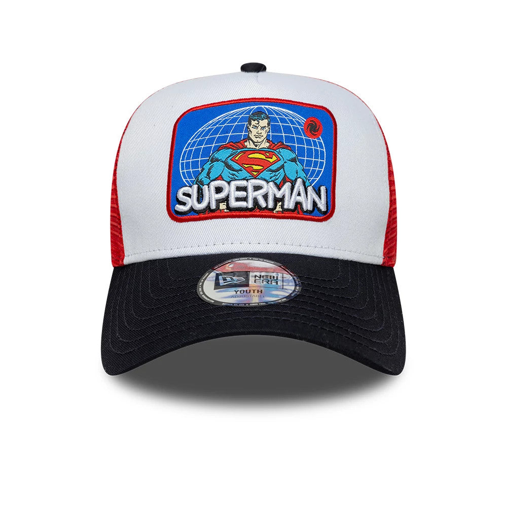 Pictured is this Youth DC Patch Superman 9FORTY A-Frame Trucker cap in white. 2