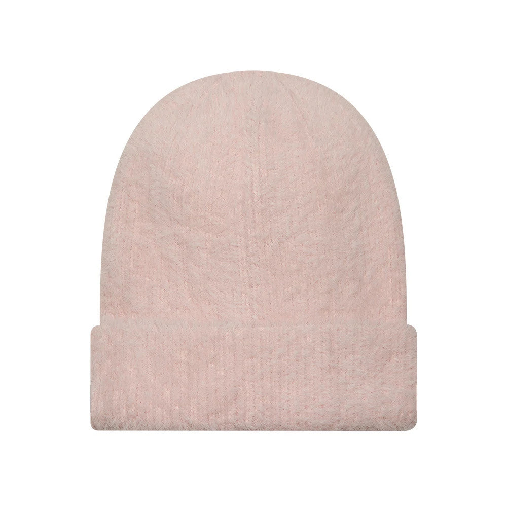 Pictured is this Womens MLB Fluffy Mohair New York Yankees Cuff Knit Beanie hat in pastel pink. 2