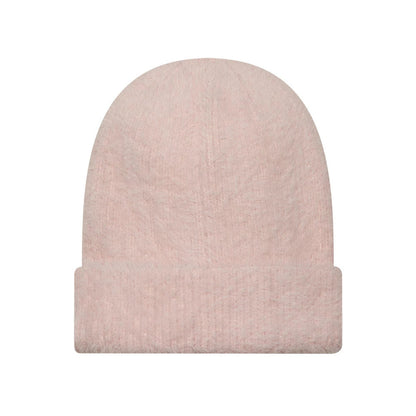Pictured is this Womens MLB Fluffy Mohair New York Yankees Cuff Knit Beanie hat in pastel pink. 2