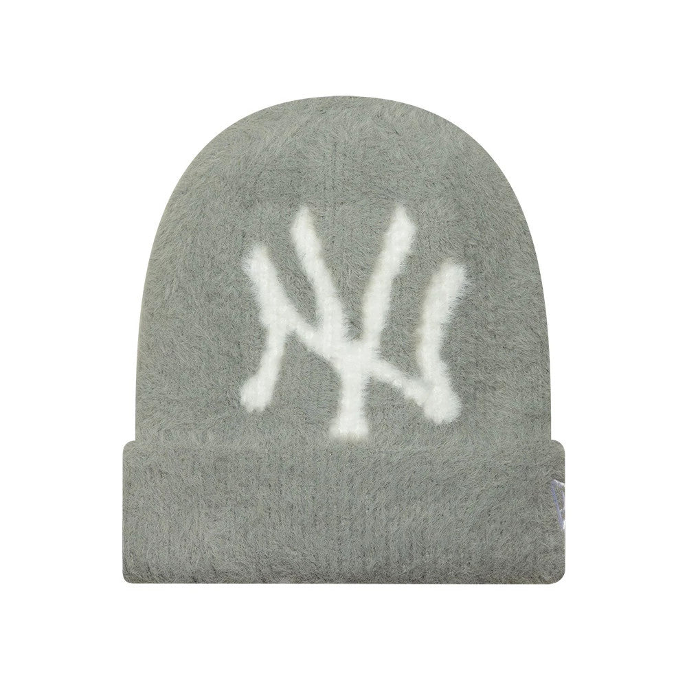 Pictured is this Womens MLB Fluffy Mohair New York Yankees Cuff Knit Beanie hat in grey. 1