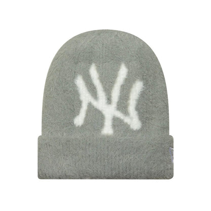 Pictured is this Womens MLB Fluffy Mohair New York Yankees Cuff Knit Beanie hat in grey. 1