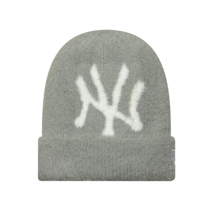 Pictured is this Womens MLB Fluffy Mohair New York Yankees Cuff Knit Beanie hat in grey. 1