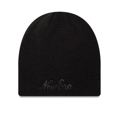 Pictured is this New Era Script Skull Knit Beanie hat in black. 1