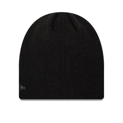 Pictured is this New Era Script Skull Knit Beanie hat in black. 2