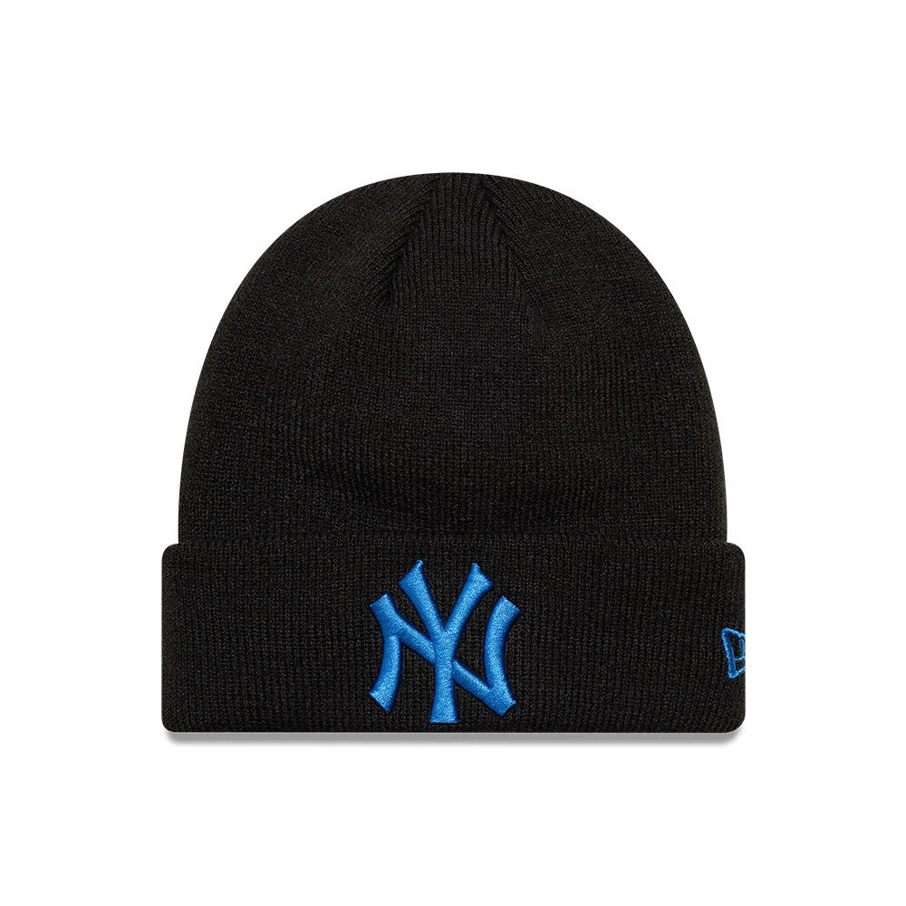 New Era New York Yankees Youth MLB League Essential Black Cuff Knit Beanie Hat, front view showing the blue embroidered Yankees logo on the cuff, a ribbed texture throughout the black knit, and the New Era flag logo on the left side.