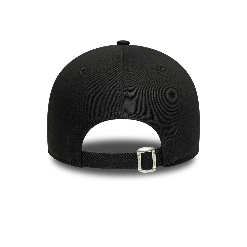 Detroit Tigers MLB League Essential Black New Era 9FORTY Adjustable Cap, rear view showing an open back style with adjustable strap and buckle, the structured black crown featuring seam and matching embroidered eyelets.