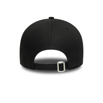 Detroit Tigers MLB League Essential Black New Era 9FORTY Adjustable Cap, rear view showing an open back style with adjustable strap and buckle, the structured black crown featuring seam and matching embroidered eyelets.