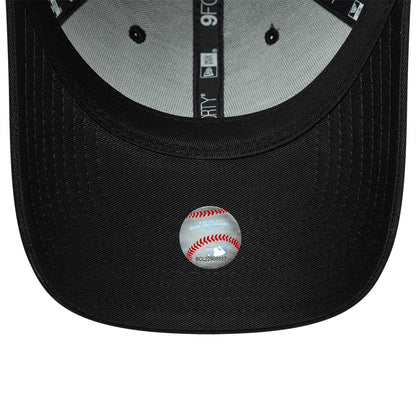 Detroit Tigers MLB League Essential Black New Era 9FORTY Adjustable Cap, inside view showing the grey sweatband, black and white 9FORTY taping, and a baseball-themed holographic sticker on the black visor.