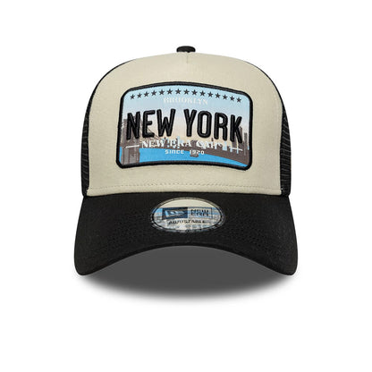 Pictured is this New Era Licence Plate 9FORTY A-Frame Trucker cap in black. 2