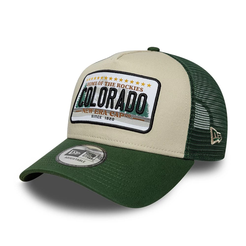 Pictured is this New Era Colorado Licence Plate 9FORTY A-Frame Trucker cap in dark green. 1