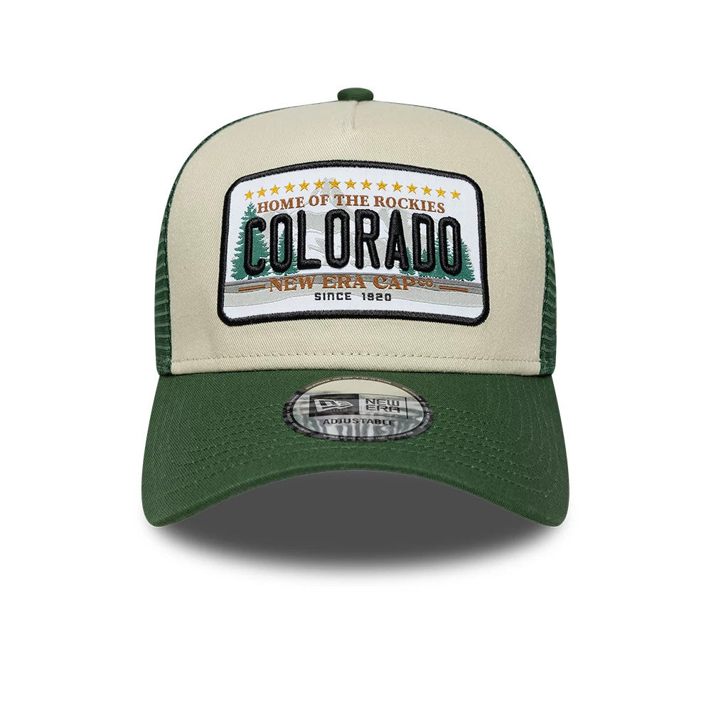 Pictured is this New Era Colorado Licence Plate 9FORTY A-Frame Trucker cap in dark green. 2