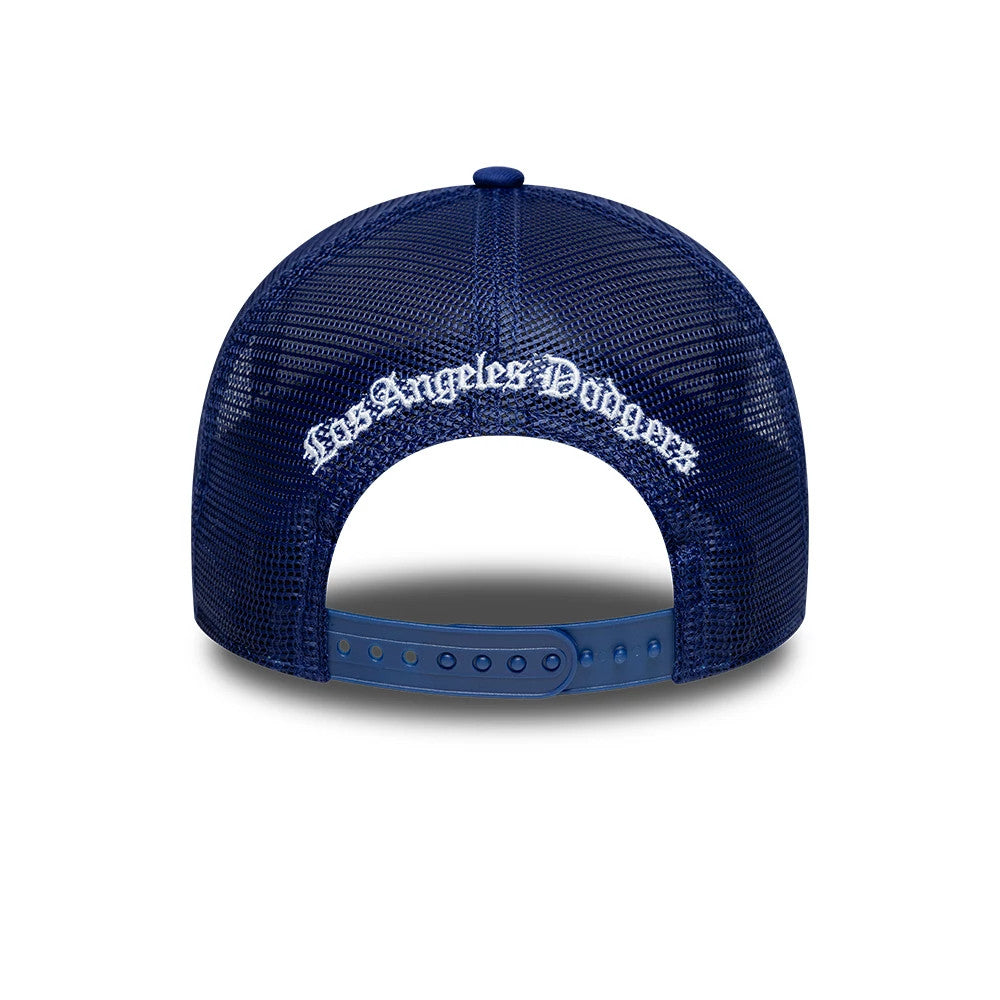 Pictured is this MLB Script LA Dodgers 9FORTY A-Frame Trucker cap in dark blue. 4