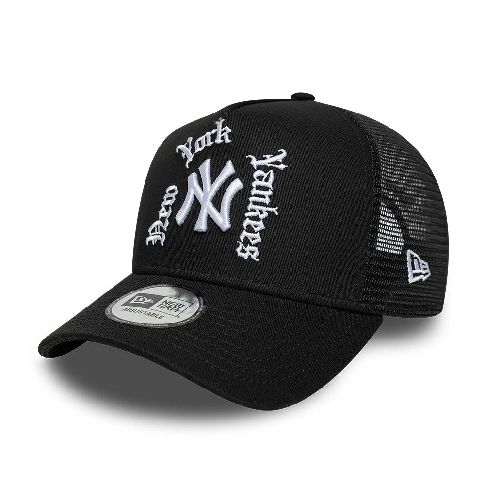 Pictured is this MLB Script New York Yankees 9FORTY A-Frame Trucker cap in black. 1