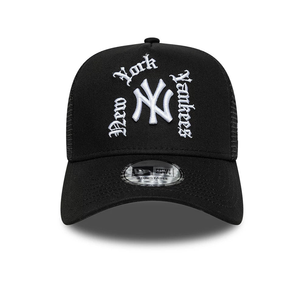 Pictured is this MLB Script New York Yankees 9FORTY A-Frame Trucker cap in black. 2