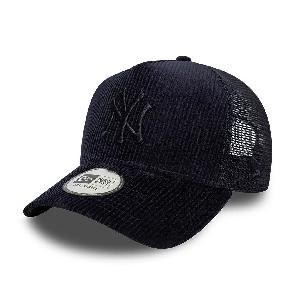 Pictured is this MLB Cord New York Yankees 9FORTY A-Frame Trucker cap in navy. 1