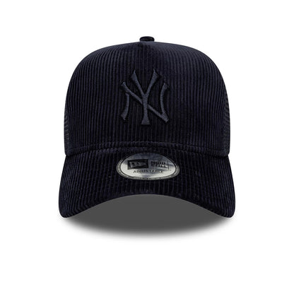 Pictured is this MLB Cord New York Yankees 9FORTY A-Frame Trucker cap in navy. 2