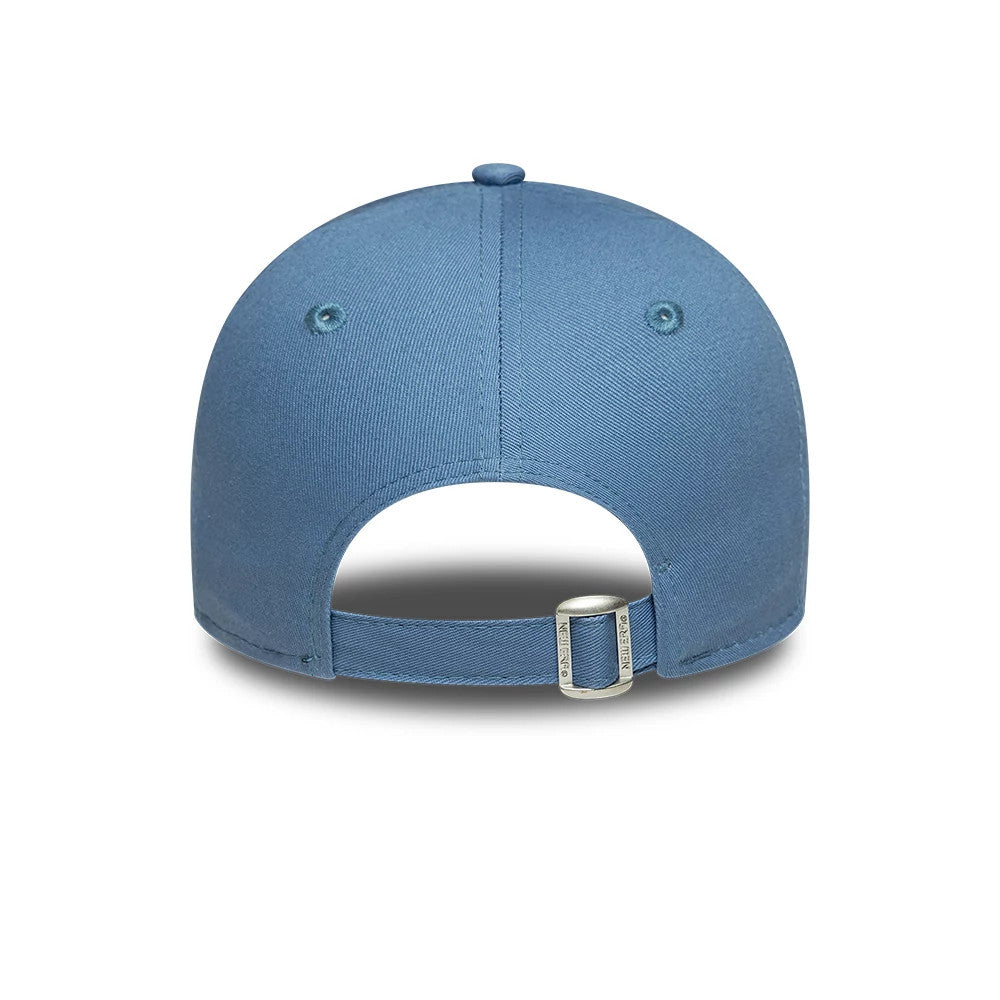 New York Yankees Womens MLB League Essential Blue New Era 9FORTY Adjustable Cap, rear view showing an all-blue structured crown with eyelets, a curved visor, and an adjustable fabric strap featuring a silver buckle.