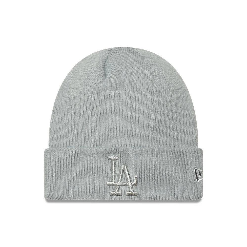 Pictured is this Womens MLB Metallic Logo LA Dodgers Cuff Knit Beanie hat in grey. 1