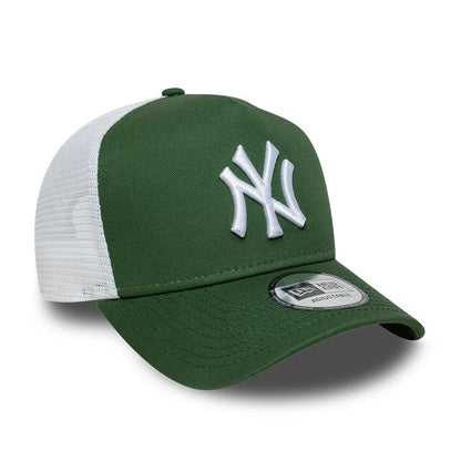 Pictured is this MLB League Essential New York Yankees 9FORTY A-Frame Trucker cap in dark green. 3