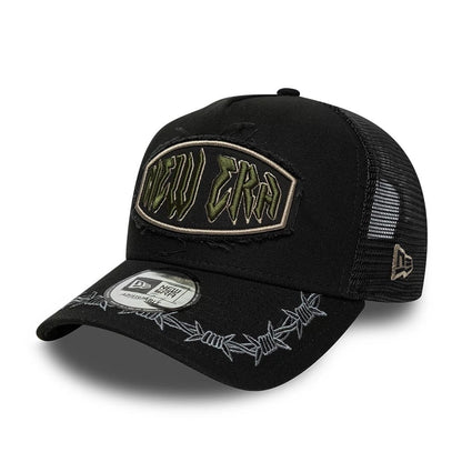 Pictured is this New Era Distressed Patch 9FORTY E-Frame Trucker cap in black. 1