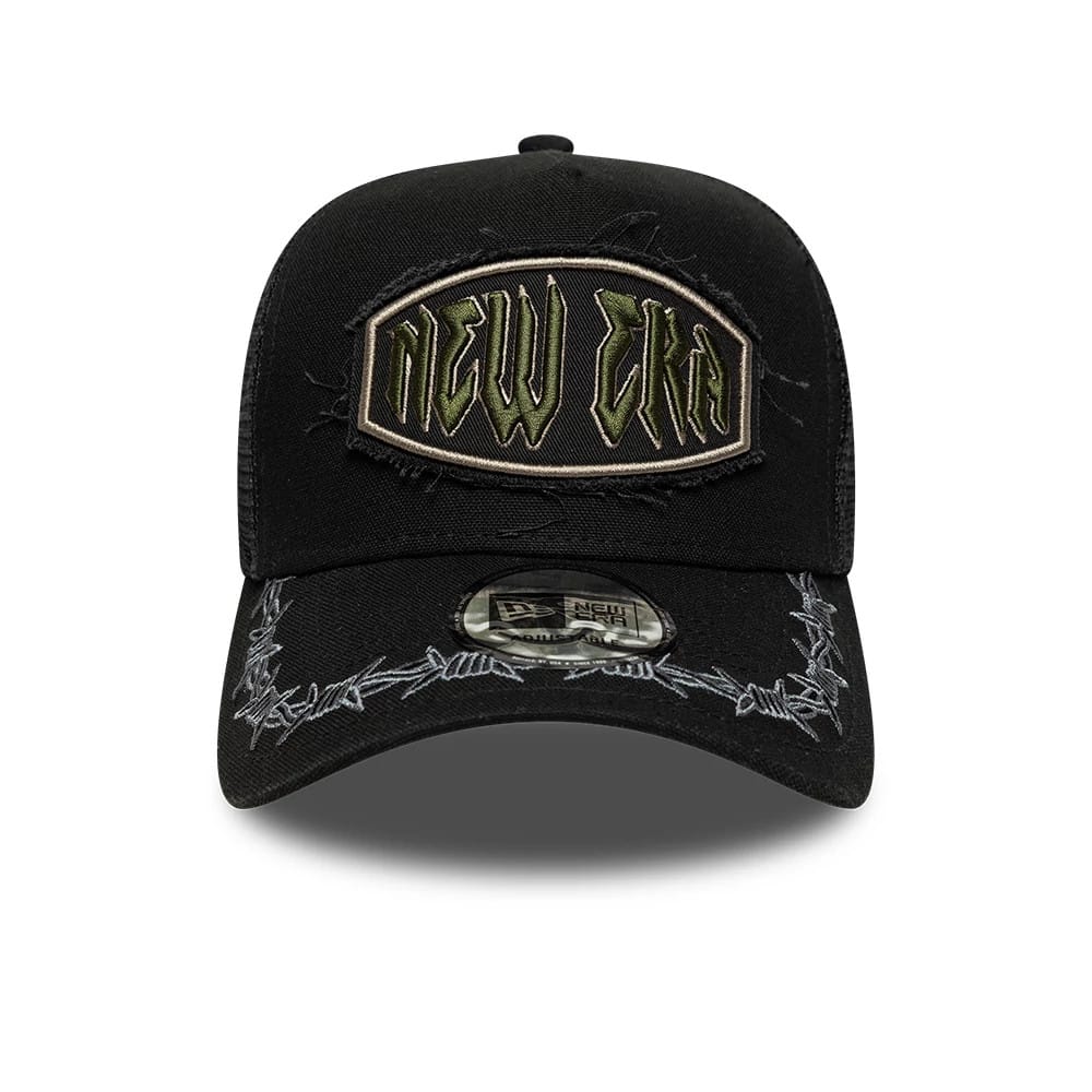 Pictured is this New Era Distressed Patch 9FORTY E-Frame Trucker cap in black. 2