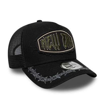 Pictured is this New Era Distressed Patch 9FORTY E-Frame Trucker cap in black. 3