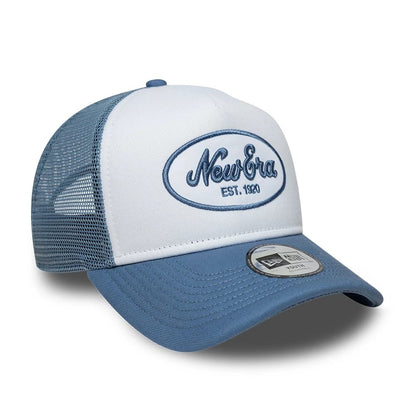 Pictured is this Youth New Era Oval Patch 9FORTY A-Frame Trucker cap in blue. 3