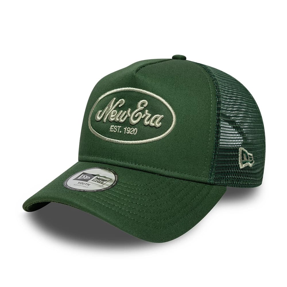 Pictured is this Youth New Era Oval Patch 9FORTY A-Frame Trucker cap in dark green. 1
