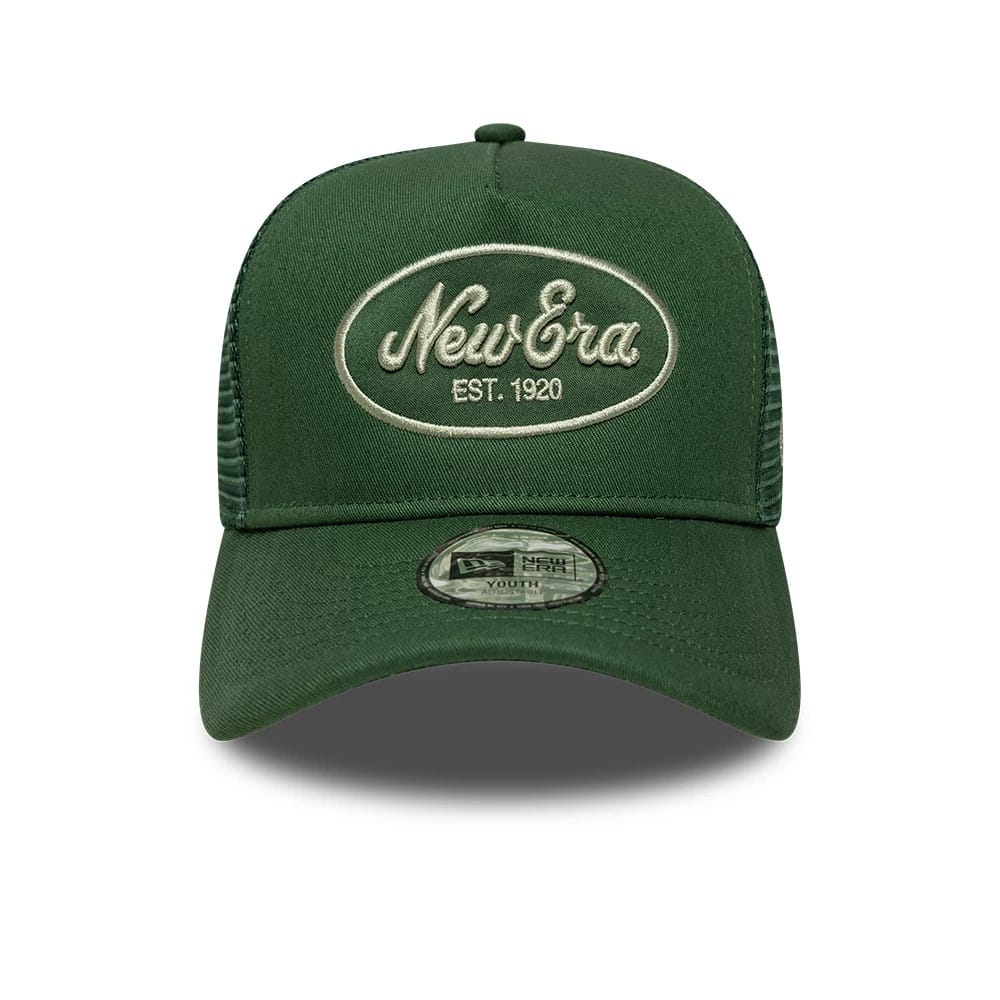 Pictured is this Youth New Era Oval Patch 9FORTY A-Frame Trucker cap in dark green. 2