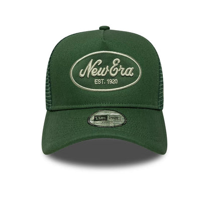Pictured is this Youth New Era Oval Patch 9FORTY A-Frame Trucker cap in dark green. 2