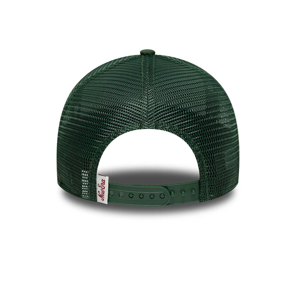 Pictured is this Youth New Era Oval Patch 9FORTY A-Frame Trucker cap in dark green. 4