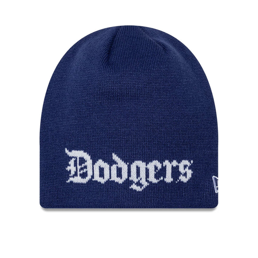 Pictured is this MLB Script LA Dodgers Skull Knit Beanie hat in dark blue. 1