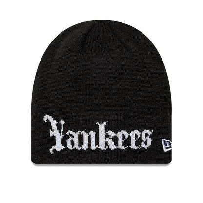 Pictured is this MLB Script New York Yankees Skull Knit Beanie hat in black. 1