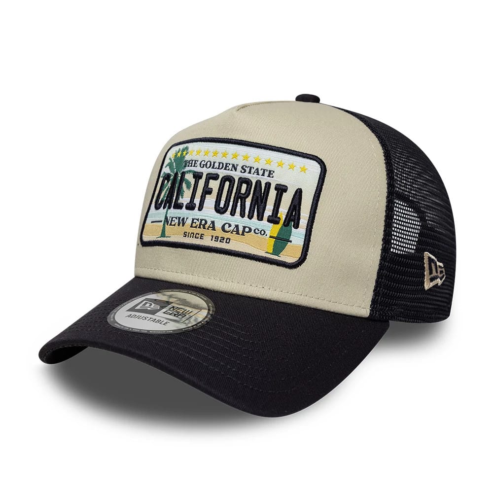 Pictured is this New Era Cali Licence Plate 9FORTY A-Frame Trucker cap in navy. 1
