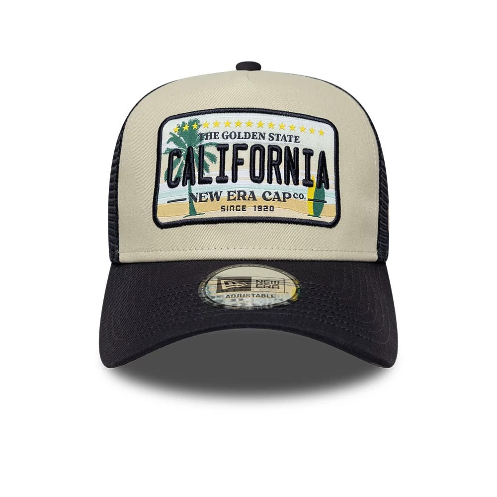 Pictured is this New Era Cali Licence Plate 9FORTY A-Frame Trucker cap in navy. 2