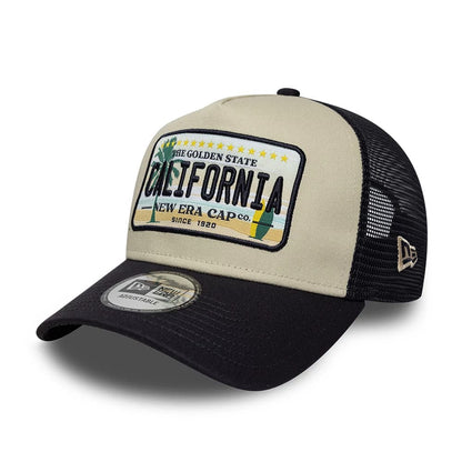 Pictured is this New Era Licence Plate 9FORTY A-Frame Trucker cap in navy. 1