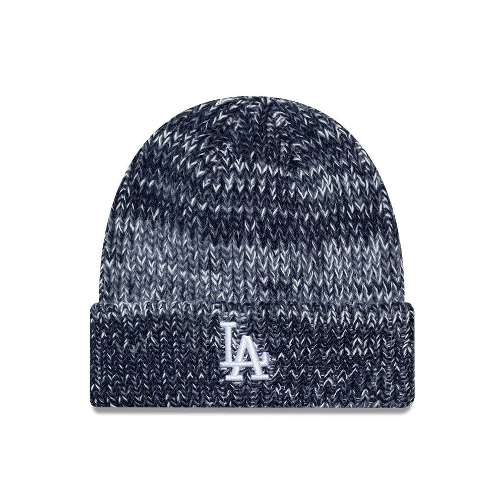 New Era LA Dodgers MLB Chunky Knit Blue Cuff Knit Beanie Hat, front view showing the white raised embroidery of the LA logo on the folded blue cuff with a thick, textured dark and light blue knit pattern throughout the beanie.