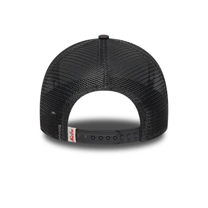 New Era Distressed Patch Charcoal 9FORTY E-Frame Trucker Adjustable Cap, rear view showing the red and white New Era tag on the adjustable black snapback closure, with a structured charcoal mesh back design.