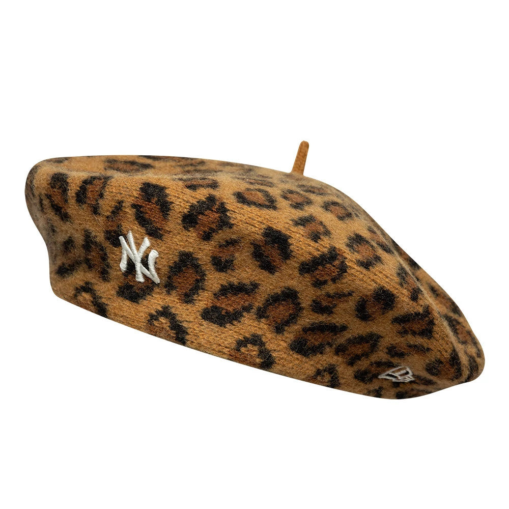 Pictured is this MLB Leopard New York Yankees Beret in beige. 1