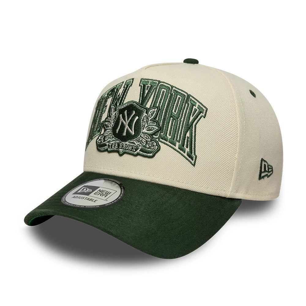 New York Yankees MLB Suede Cream & Green New Era 9FORTY E-Frame Adjustable Cap, front view showing raised green New York logo embroidery on cream front panels, a dark green curved visor with a 9FORTY size sticker.