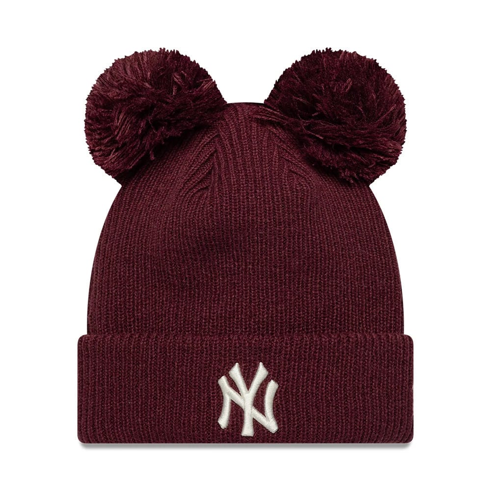 Pictured is this Womens MLB Double Pom New York Yankees Cuff Knit Beanie hat in dark red. 1