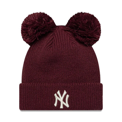 Pictured is this Womens MLB Double Pom New York Yankees Cuff Knit Beanie hat in dark red. 1