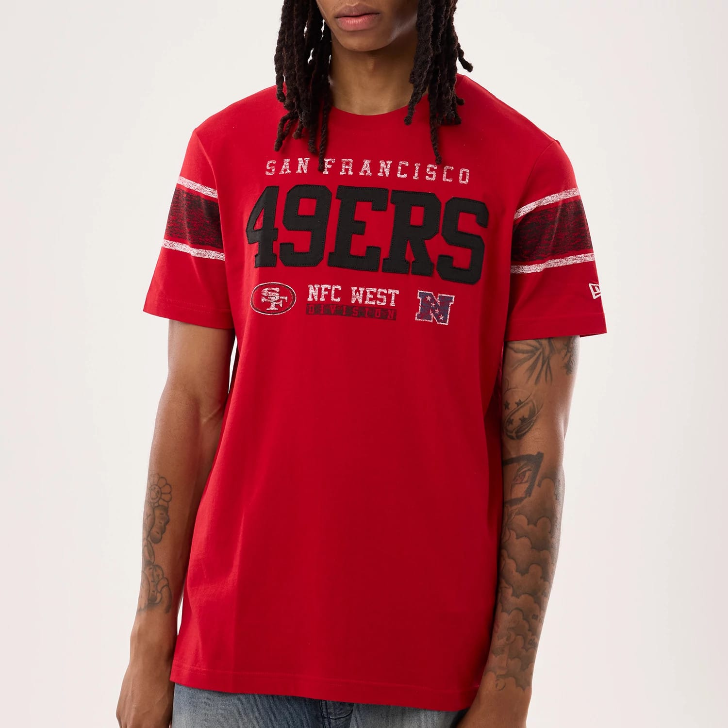 The model is wearing this NFL Sideline 2026 San Francisco 49ers T-Shirt in red. 3