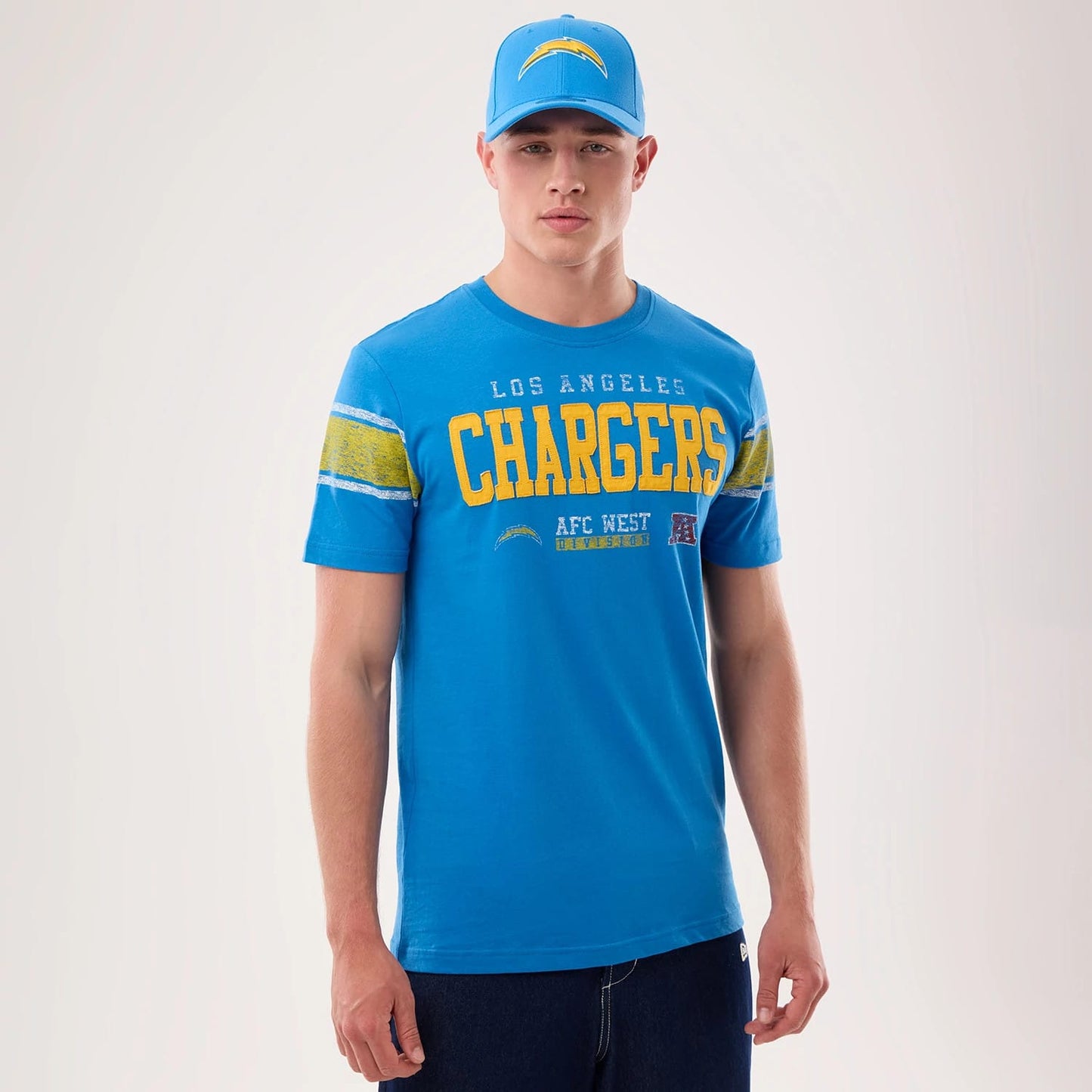 The model is wearing this NFL Sideline 2026 LA Chargers T-Shirt in blue. 1