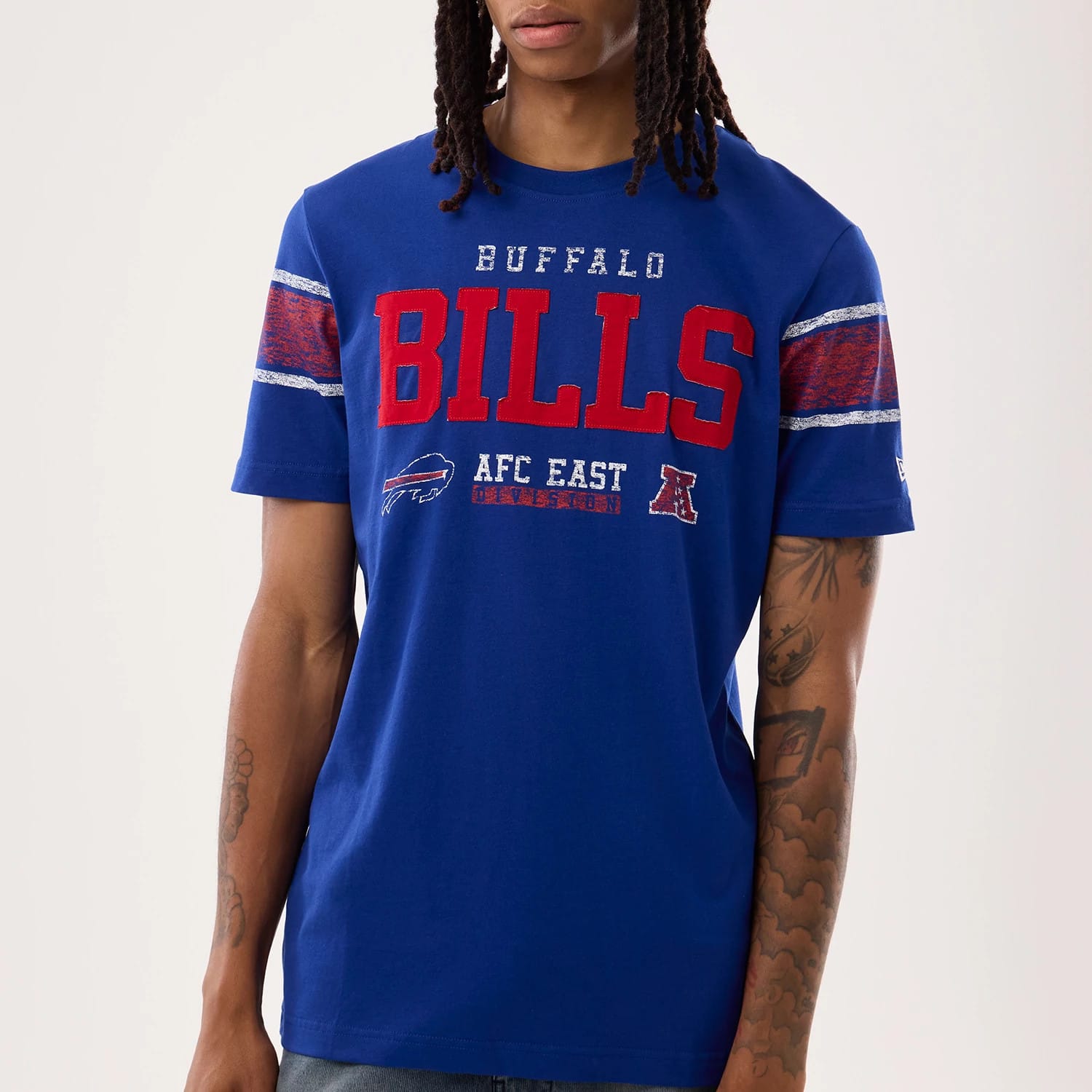 The model is wearing this NFL Sideline 2026 Buffalo Bills T-Shirt in blue. 3