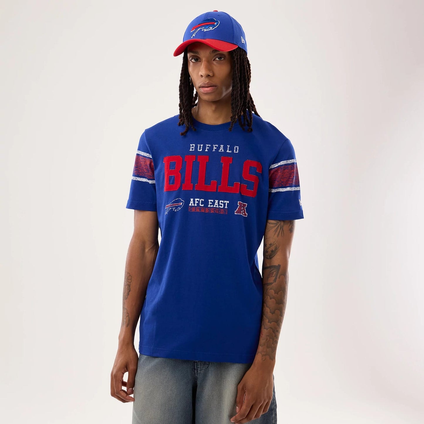 The model is wearing this NFL Sideline 2026 Buffalo Bills T-Shirt in blue. 1